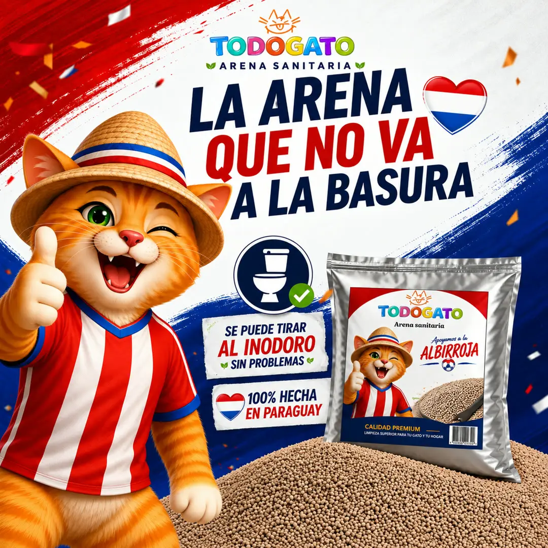 Afiche de TODOGATO: un gato con camiseta de Paraguay junto a la bolsa de arena, con el mensaje la arena que no va a la basura y se puede tirar al inodoro