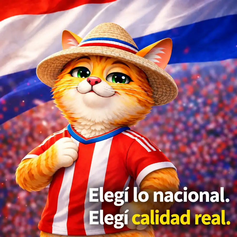 Gato con sombrero de paja y camiseta de Paraguay frente a la bandera, con el mensaje: Elegí lo nacional, elegí calidad real