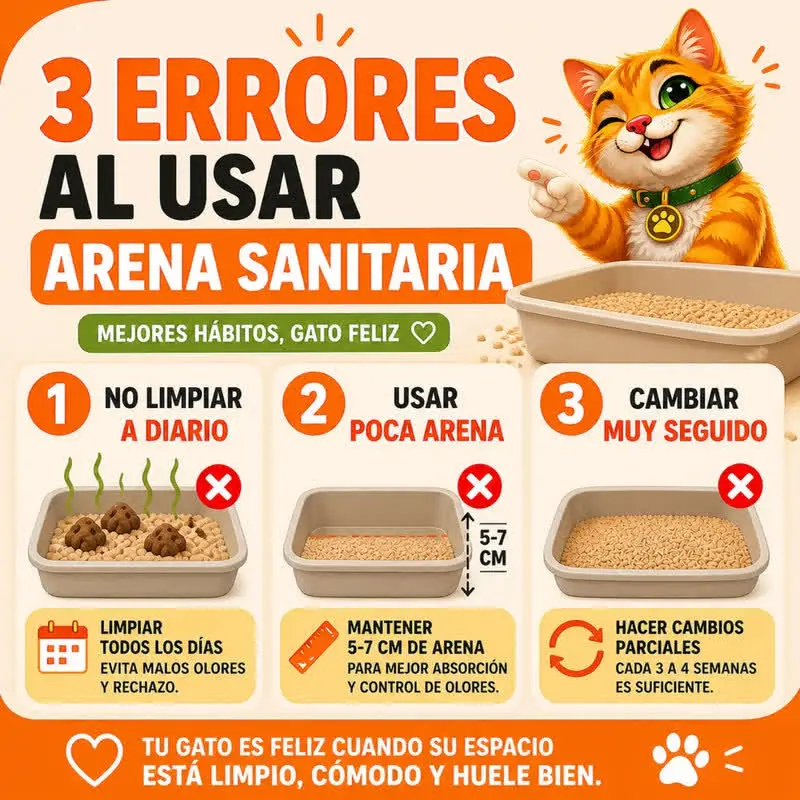 Infografía: 3 errores al usar arena sanitaria. No limpiar a diario, usar poca arena (lo ideal son 5 a 7 cm) y cambiarla muy seguido (alcanza con cambios parciales cada 3 a 4 semanas)